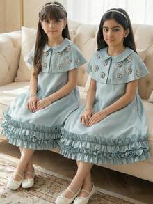 SHEIN Tween Girl Elegant Rhinestone Decorated Cape Collar Straight Dress Set Tween Girl - Green - View 1