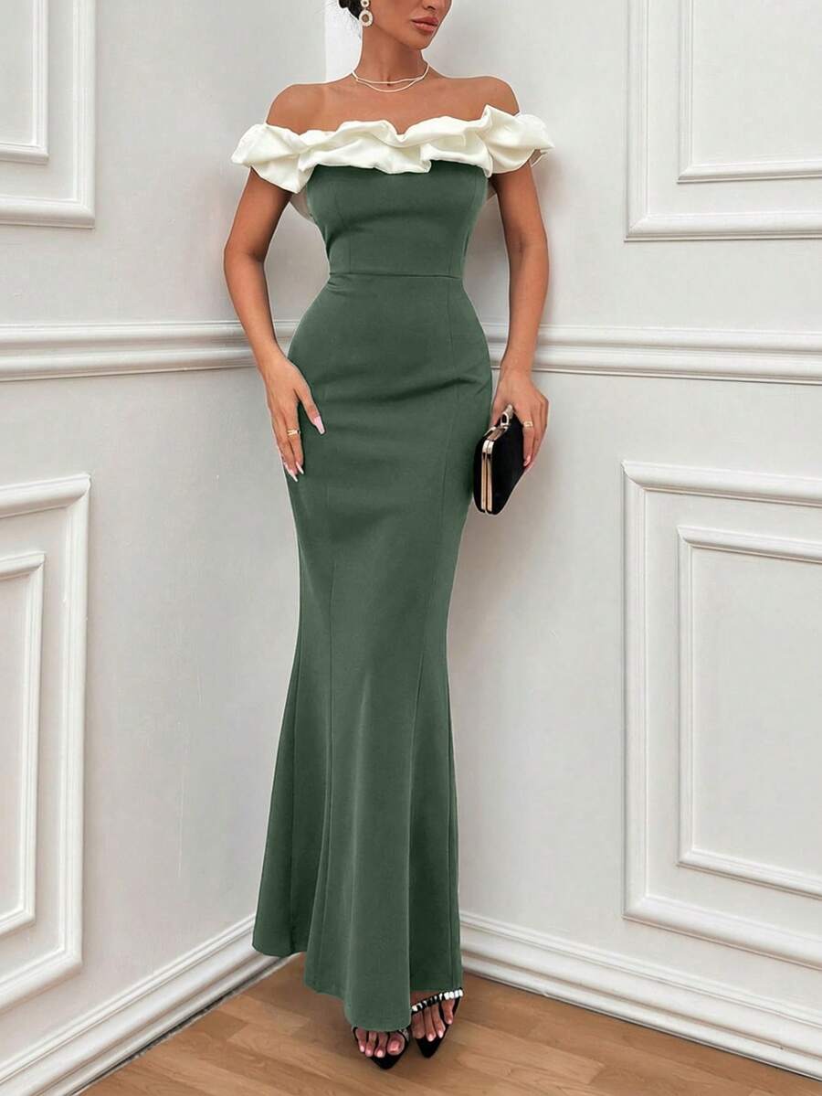 EURMUSE Two Tones Off Shoulder Ruffle Trim Bodycon Dress, Elegant Dress - Army Green - View 1