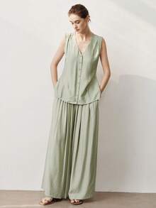 Aalyst 女士春夏套装，优雅时尚V领无袖交叉扭结上衣+阔腿裤两件套，灰绿色带口袋 - 綠色 - 查看 1