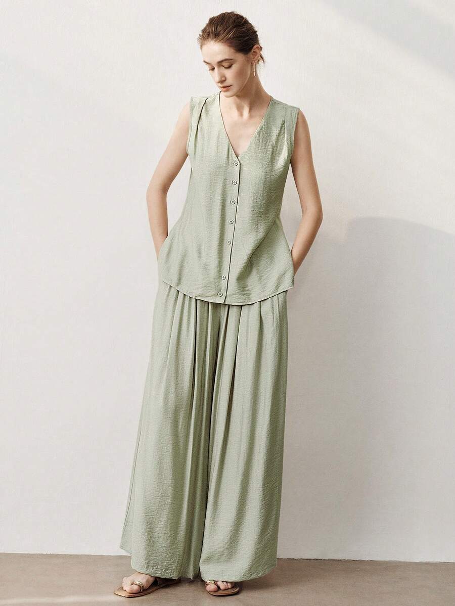 Aalyst 女士春夏套装，优雅时尚V领无袖交叉扭结上衣+阔腿裤两件套，灰绿色带口袋 - 綠色 - 查看 1