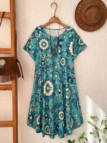 Rusticease Plus Size Women Teal Floral Print Round Neck Short Sleeve Loose Casual Dress,Boho Summer Vacation Holiday Outfits,Spring Country Style Flower Dress - Multicolor - View 6