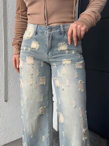 Jeta Ari Women's Casual Distressed Wide Leg Jeans - Blue - View 3