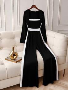 Roveilla Bộ jumpsuit dài tay cổ cao phối màu dành cho nữ cỡ lớn, dáng ôm, phù hợp cho đi chơi, đi làm, hẹn hò, mùa xuân/thu. - màu đen - Xem 1