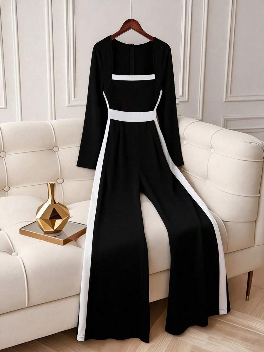 Roveilla Bộ jumpsuit dài tay cổ cao phối màu dành cho nữ cỡ lớn, dáng ôm, phù hợp cho đi chơi, đi làm, hẹn hò, mùa xuân/thu. - màu đen - Xem 1