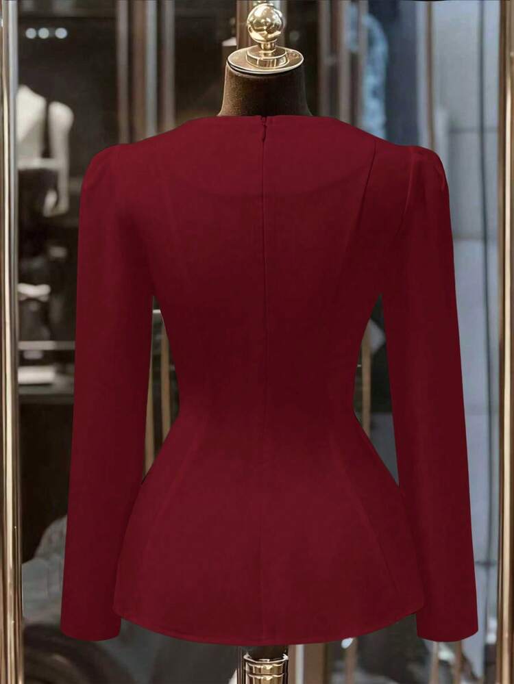 Franclia 파티, 데이트 복장, 가을/겨울에 적합한 우아하고 시크한 럭셔리 비즈 장식 허리 신치드 밑단 뒷면 지퍼 화이트 블라우스 - 버건디 - 보기 2