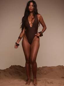 Musera Resort Plunge Neckline Wrap Tie Belt Detail Thong Swimsuit Swim Vacation Holiday Summer Travel Beachwear Terra Sol - Coffee Brown - View 5