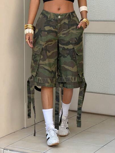 StreetHx Women's Cargo Pocket Camouflage Loose Casual Denim Shorts