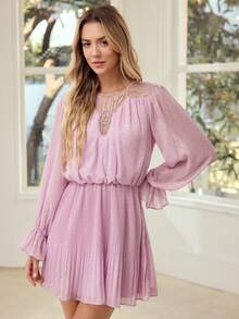 MOTF PREMIUM WOMEN'S PLEATED RUFFLE HEM MESH PATCHWORK MINI DRESS - Violet Purple - View 4