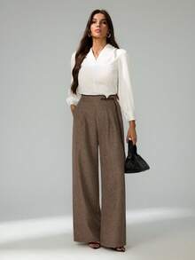 SHEIN Tall 复古经典优雅女士长裤，修身撞色滚边长裤，纽扣闭合长裤，棕色长裤，春夏/夏季/春夏服装，女士夏季服装，棕色长裤，商务休闲女装，新年女装，棕色长裤 - 棕色 - 查看 8