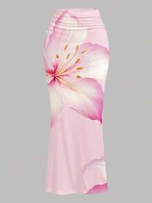 Teen Girl Floral Print Asymmetric Ruched Fitted Mini Skirt 2-Piece Set, Casual Summer/Vacation Outfit - Multicolor - View 3