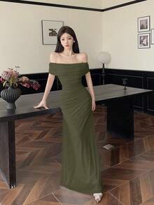 NOVVYNE 女士单肩褶皱腰身优雅婚纱/礼服 - 軍綠色 - 查看 7