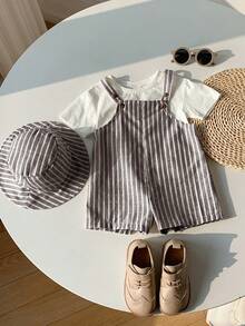 SHEIN Bộ 2 món cho bé trai/bé gái, gồm yếm ăn và mũ tai bèo kẻ sọc mùa hè, trang phục thường ngày cho ở nhà, đi nghỉ mát, đi biển. - Nhiều màu - Xem 4