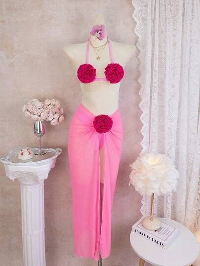 Bonvoyette Dam sommar söt rosrosa halterneck rosdekor sexig bikiniset, slits omlottlång kjol, söt & kryddig attraktiv resort- & festbaddräktsset