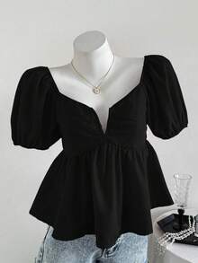 Elamini 褶裥深V领红色休闲优雅女式衬衫 - 黑色 - 查看 6