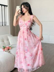 Modelyn Women's Floral Print Twist Shoulder Strap Elegant Waist Cinched Dress - Burgundy - View 6