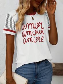 EMERY ROSE Women's AMOR Letter Love Graphic Print Round Neck Tshirt Short Sleeve Tee Tops - Multicolor - View 3