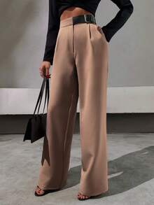 SHEIN Tall Elegant Style, Half Faux Leather Belt Detailed Straight Fit Pant - Camel - View 6