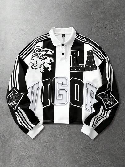 ROMWE MEN Prep Jersey de cuello redondo a rayas unisex, estilo callejero casual americano para otoño/invierno