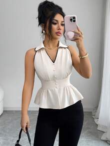 Elenzga Women's Casual Elegant Sleeveless Blouse With Contrast Ruffle Trim, Suitable For Spring/Summer, Commute, Vacation, Afternoon Tea, Valentine's Day Party - Apricot - View 6