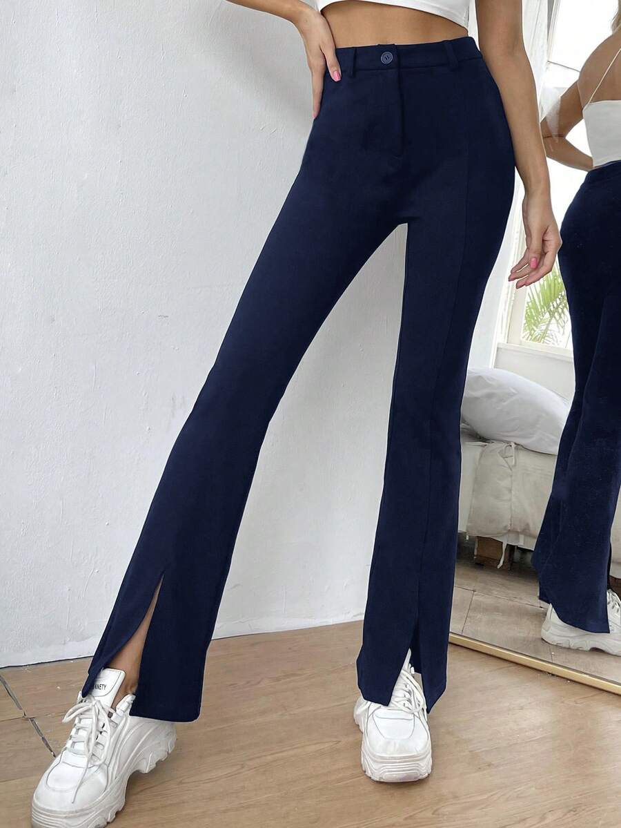 SHEIN EZwear 女士纯色高腰开衩下摆休闲喇叭裤 - 藏蓝色 - 查看 1