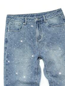 Manfinity EMRG Men's American Street Fashion Diamond Distressed Design Rhinestone Embellished Washed Straight Leg Jeans - Light Wash - View 3