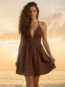 CAJUNI Summer Sexy Backless Halter Neck Dress - Brown - View 4