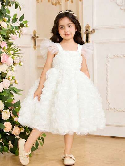 SHEIN Glamorique Kids Girls Elegant 3D Floral Embroidery Cap Sleeve Dress, Princess Style, Suitable For Performance, Party, Birthday, Wedding