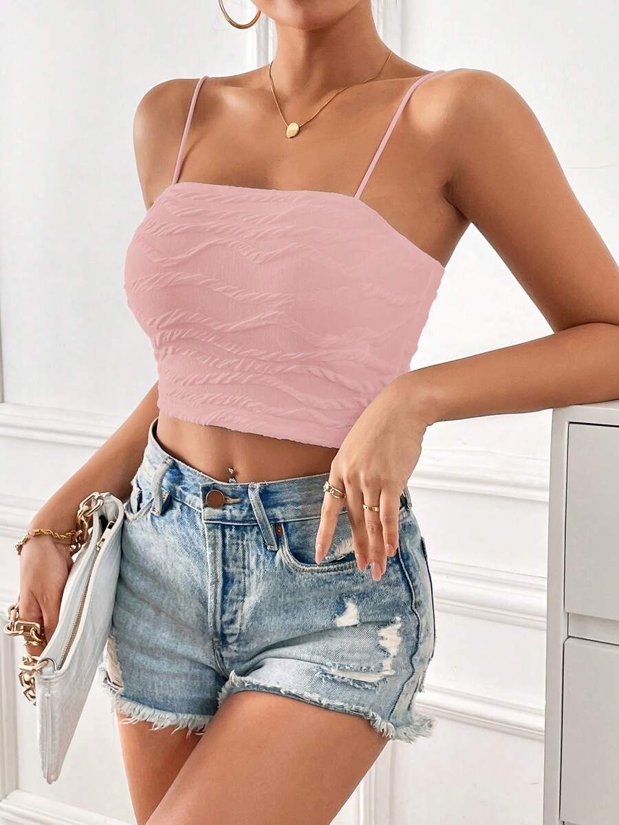 SHEIN Essnce Women's Summer Fashion Solid Color Jacquard Tight Cropped Camisole,Pink Top - Pink - View 1