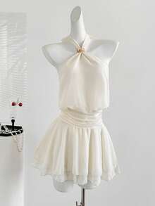 Sweetra Elegant Metal Buckle Criss-Cross Tie Waist Ruched Asymmetric Hem Romantic French Style Spring Fashion New Women Dress - Apricot - View 6