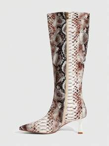 CUCCOO SZL 女士时尚尖头蛇纹图案简约优雅百搭侧拉链细高跟过膝长靴，圣诞节必备 - 銅色 - 查看 9