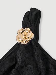 SHEIN MOD 大码复古优雅女士单肩金属扣长裙，蕾丝美人鱼连衣裙，黑色优雅连衣裙 - 黑色 - 查看 3