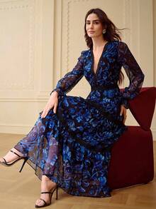 ZEYLAH Floral Print Patchwork Lace Romantic Women Dress, Autumn/Winter - Blue - View 1