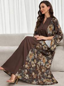 Al Najma Vestido árabe holgado con estampado floral, cuello con muesca, manga acampanada y abertura, de tela mixta casual para vacaciones - Café integral - Ver 2