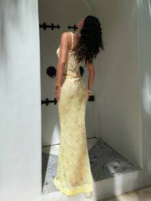 Opulessa 女士纯色针织蕾丝修身吊带背心和紧身半身裙两件套，春夏款 - 淡黃色 - 查看 3