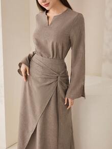 Veilorie Women's Solid Color V-Neck Long Sleeve Shirt And Waist Twist Midi Skirt Elegant 2-Piece Set - Mocha Brown - View 1