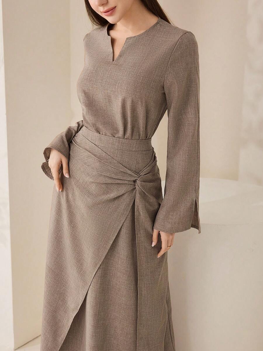 Veilorie Women's Solid Color V-Neck Long Sleeve Shirt And Waist Twist Midi Skirt Elegant 2-Piece Set - Mocha Brown - View 1