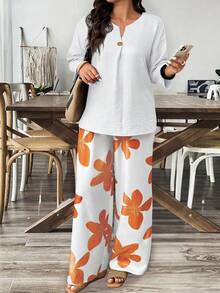 Weeklong Plus Size 2-Piece Set: Solid Color Shirt & Floral Print Pants, Casual Holiday Style - Multicolor - View 3