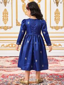 SHEIN Royal Blue Young Girl Flamingo Print Long Sleeve Dress,Autumn Party Wedding Elegant Floral Arabian,Kaftan Jalabiya Pakistani Clothes For Young Girl - Blue - View 5