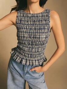 Poéselle Women's Vacation Pleated Plaid Ruffle Hem Fashionable Camisole - Blue - View 1