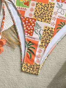 Soleia 女士橄榄绿针织提花纹理V领露背挂脖连体泳衣，海滩度假 - 彩色 - 查看 6