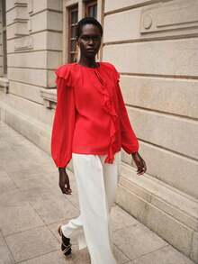 Lumivelle Women's Fashion Ruffle Front Shirt, Valentine's Day Series Red Blouses Ruffle Blouse Long Sleeve Blouse - Red - View 4