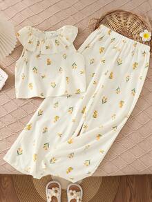 Emery Rose Kids 少女两件套 少女梭织碎花荷叶边上衣和宽松长裤套装 节日服装 - 白色 - 查看 3