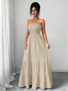 Rafferiza INS风女士露肩休闲度假连衣裙，夏季 - 卡其色 - 查看 4