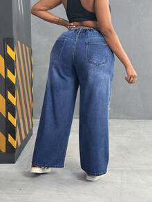 SHEIN CURVE+ Plus Size Women Loose Straight Leg Jeans, Distressed Washed Denim Cargo Pants - Dark Wash - View 2