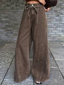 DAZY 做旧水洗腰带阔腿牛仔裤，休闲街头风牛仔女裤，春秋季 - 棕色 - 查看 4