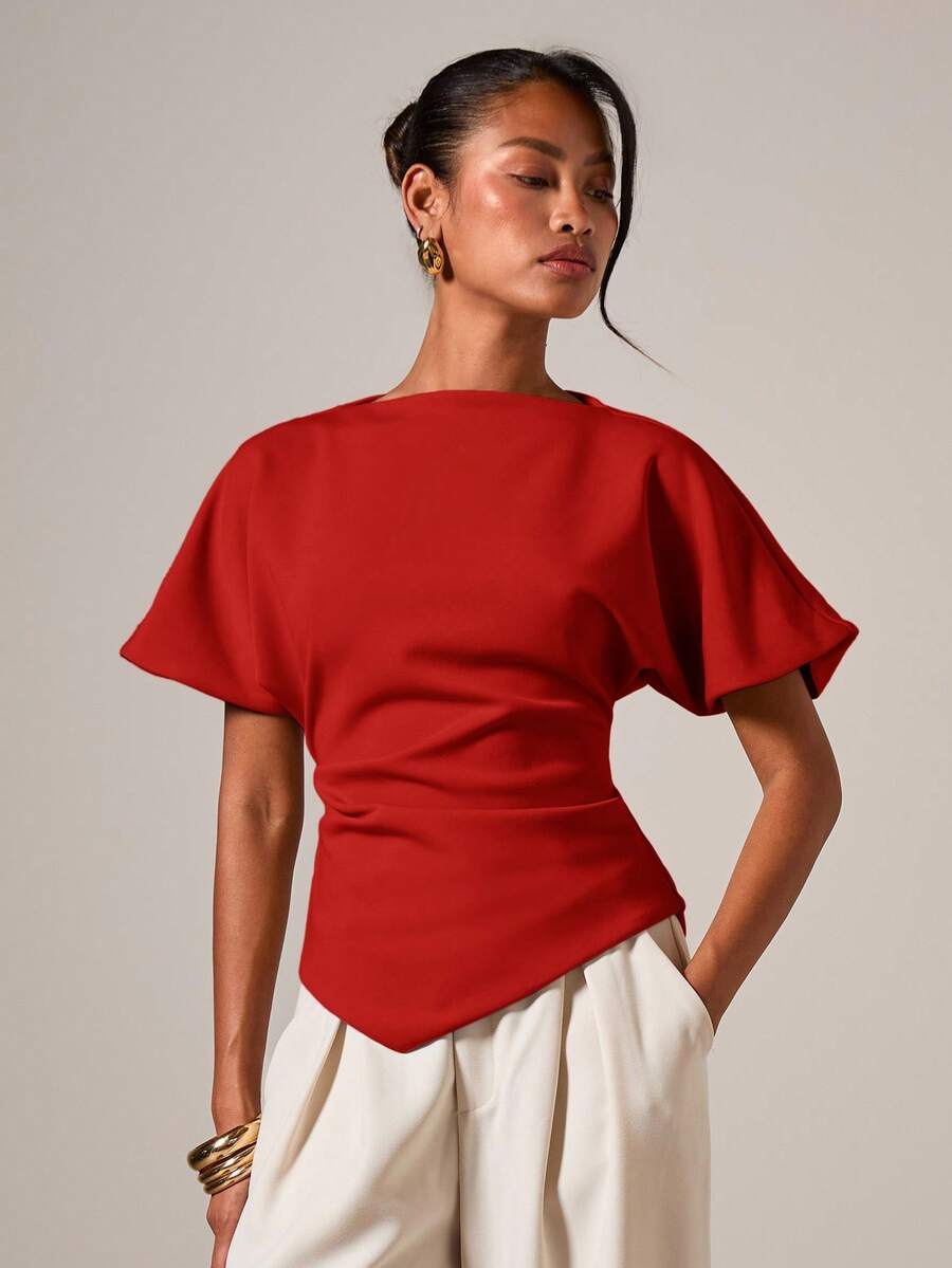 COSMINA 女士优雅褶皱圆领T恤，适合所有季节 - 紅色 - 查看 1