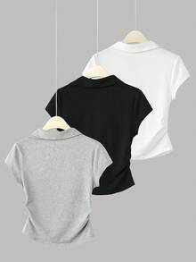 SHEIN Girlism 儿童夏季柔软舒适上衣三件套，黑/白/灰三色可选，百搭方领V领短袖T恤，设计师款夏季休闲Polo衫，修身合身剪裁，清新少女风，蝴蝶结刺绣纯色休闲Polo衫三件装，女童上衣套装，女童短袖上衣，女童针织衫，女童翻领衬衫，修身衬衫，青少年女童衬衫，舒适上衣，基础款女装上衣 - 彩色 - 查看 2