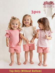 SHEIN Vintaside Kids 3件套女婴舒适休闲常规厚度针织罗纹条纹纯色圆领荷叶边下摆短袖简约T恤，时尚百搭，适合夏季、居家、外出、旅行、上学和日常穿着。 - 彩色 - 查看 3