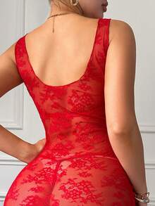 2件套网纱撞色蕾丝性感蝴蝶结内衣套装 - 紅色 - 查看 2