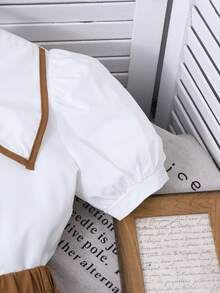 SHEIN 2pcs/Set Tween Girls Elegant Doll Collar Puff Sleeve White Top And Brown Pleated Skirt Outfit, Suitable For Party, School, And Casual Occasions - White - View 6